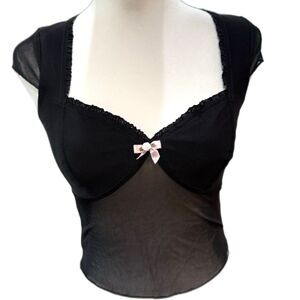Edikted Black Sheer Mesh Lace Trim Bow Crop Top Y2K Coquette Core Size XS NWT